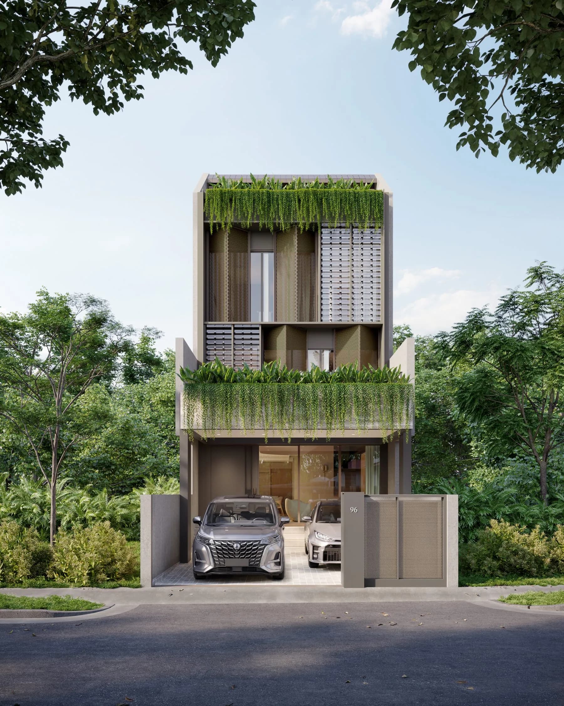Park Terrace facade with cascading greenery over the carporch, 96 Pemimpin Terrace