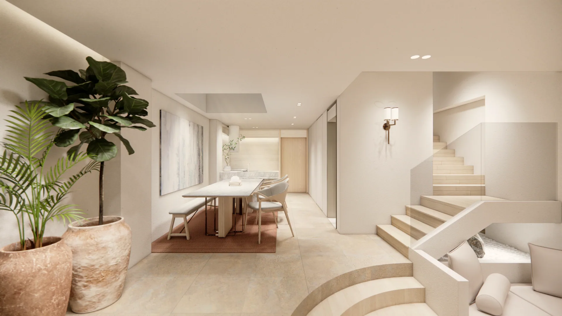 Dining room beside the sculptural staircase